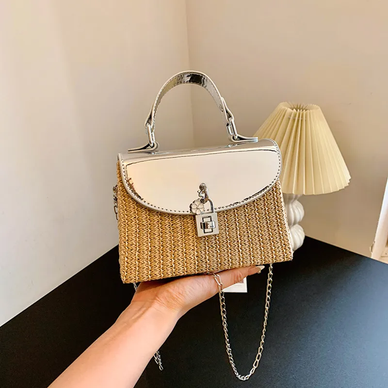 Women's Medium Straw Color Block Streetwear Straw Square Lock Clasp Shoulder Bag