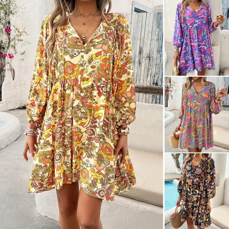 Women's Floral Dress Vintage Style Bohemian V Neck Long Sleeve Flower Above Knee Holiday Daily