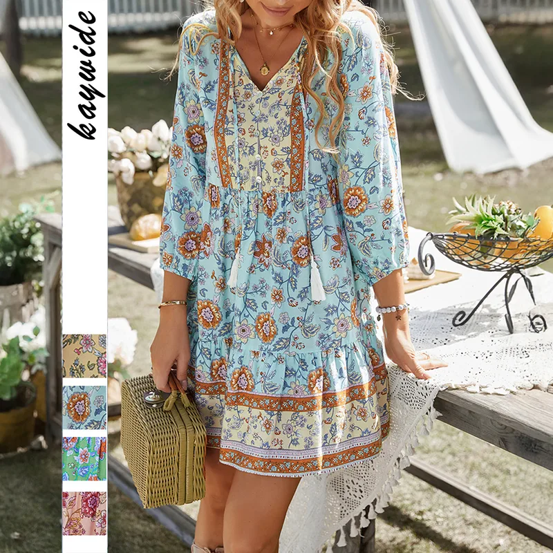Women's Floral Dress Pastoral V Neck Contrast Binding 3/4 Length Sleeve Flower Above Knee Daily