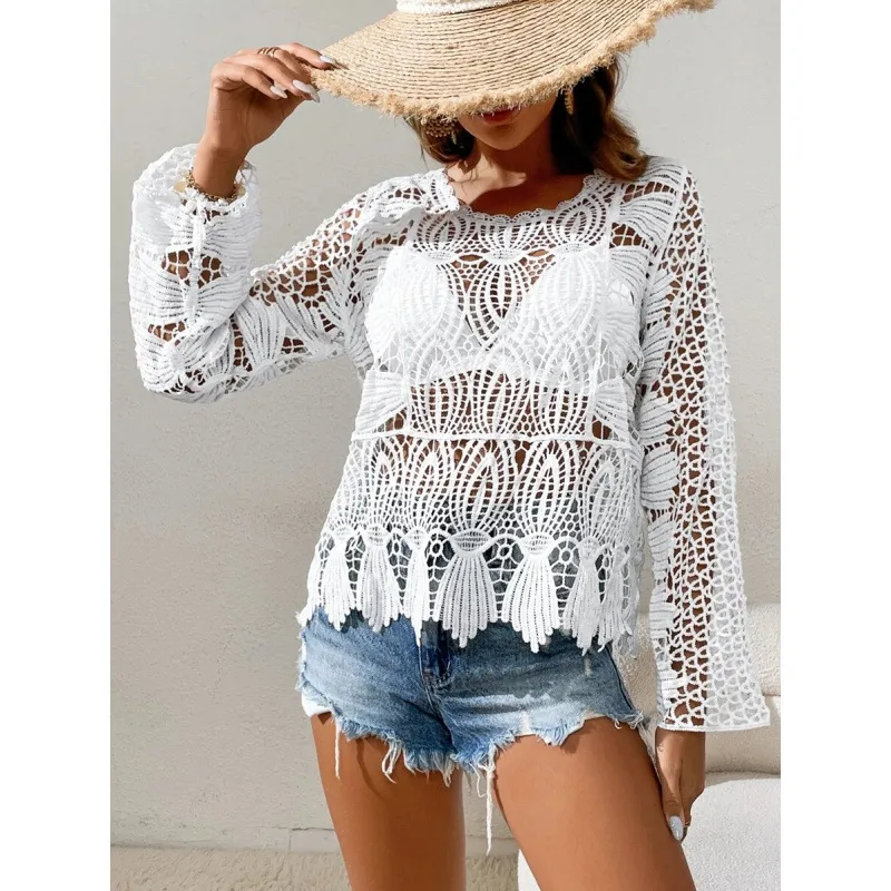Women's Elegant Vacation Stripe Mesh Hollow Out Pullovers Knitwear