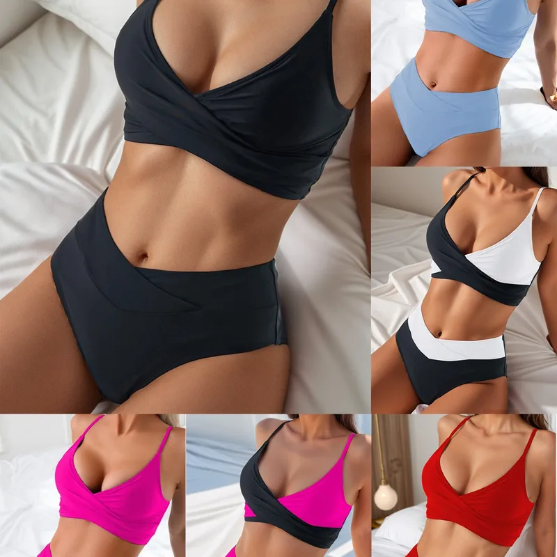 Women's Solid Color Pleated 2 Pieces Set Swimwear