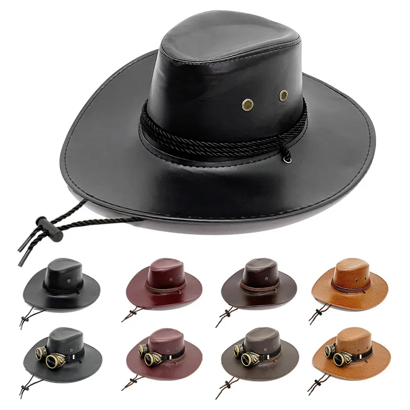 Western PU Leather Cowboy Hat Men's Cross-Border Big Brim Fedora Hat Women's Outdoor Travel Sunshade Knight Hat Wholesale