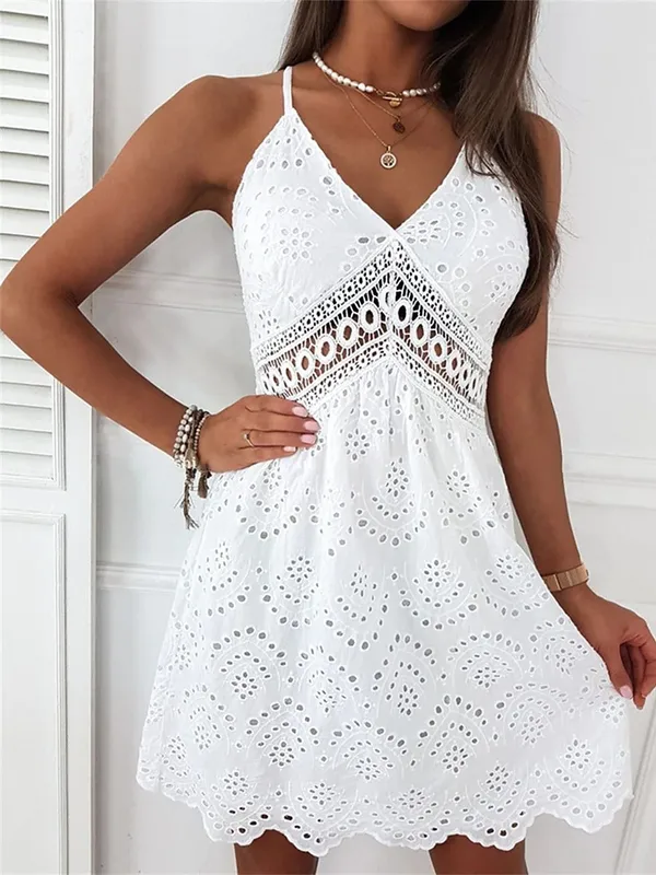 Women's Adults A- Line Skirt Fresh And Sweet Sweet Style V Neck Sling Style Lace-Up Sleeveless Solid Color Knee-Length Date