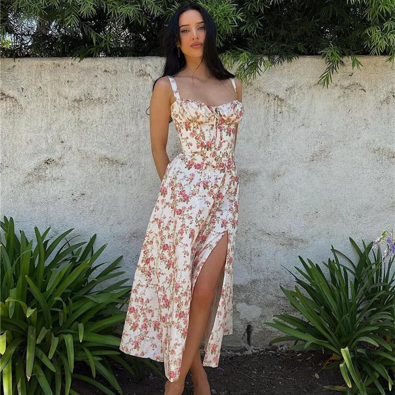 Women's Adults Lotus Leaf Skirt Princess Wind Fresh And Sweet Boat Neck Pullovers High Quality, Fishbone, Lining, Sling, Slit, Flounced Skirt Sleeveless Plant Flowers Midi Dress Casual Date Lawn