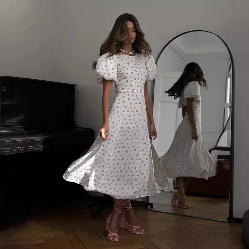 Women's Adults A- Line Skirt Elegant Round Neck Basic Model Slit Dress Short Sleeve Floral Print Maxi Long Dress Birthday Date