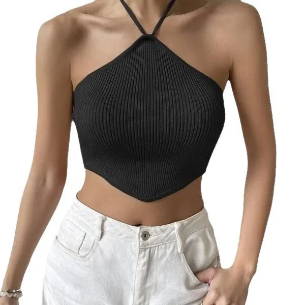 Women's Halter Style Tank Tops Lace-Up European And American Wind Streetwear Solid Color