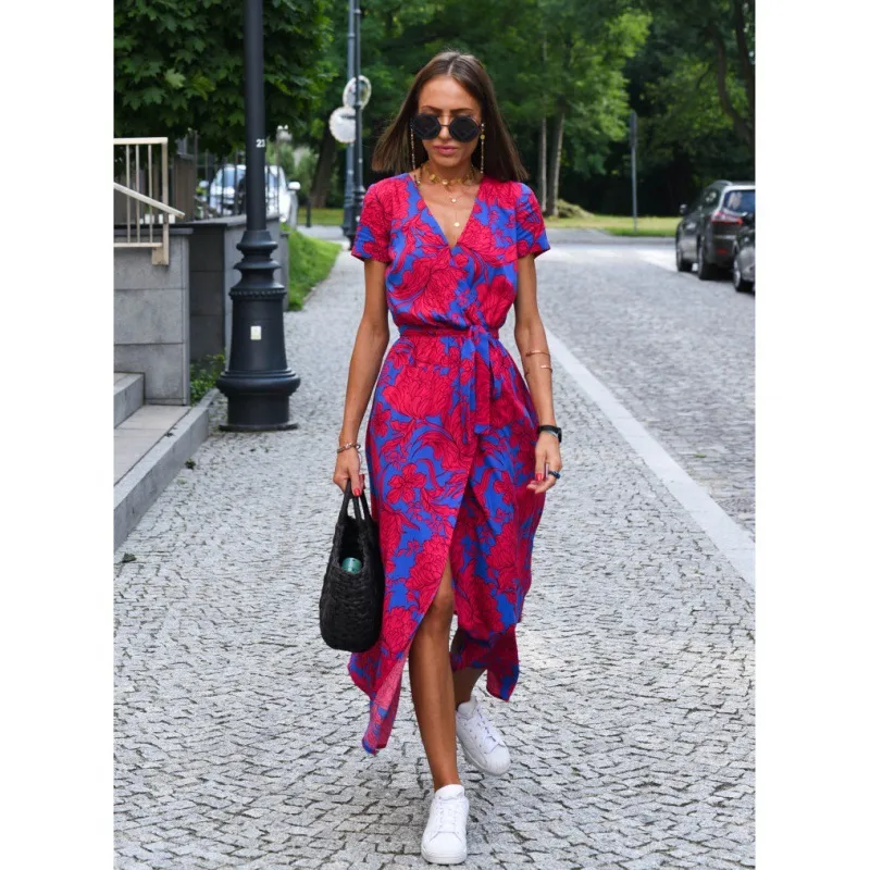 Women's Adults Lotus Leaf Skirt Temperament Commuter Urban Style V Neck Pullovers Lace-Up Short Sleeve Multicolor Maxi Long Dress Casual Party