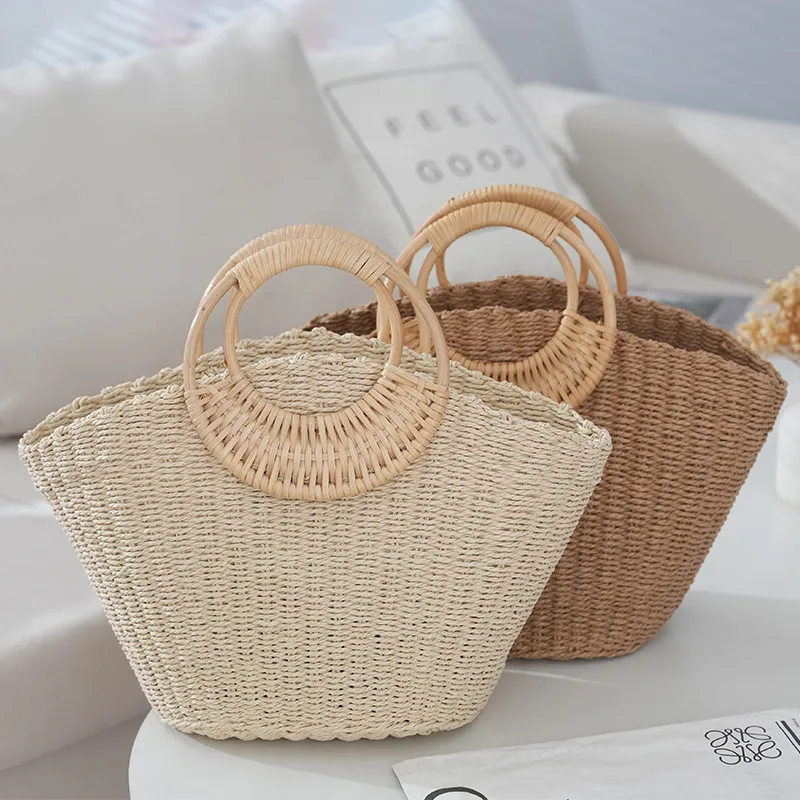 Women's Paper Solid Color Vacation Shell String Straw Bag