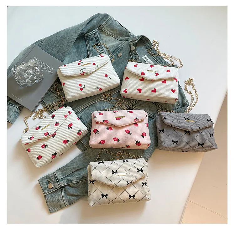 Women's Small Corduroy Fruit Bow Knot Cute Sewing Thread Square Flip Cover Square Bag