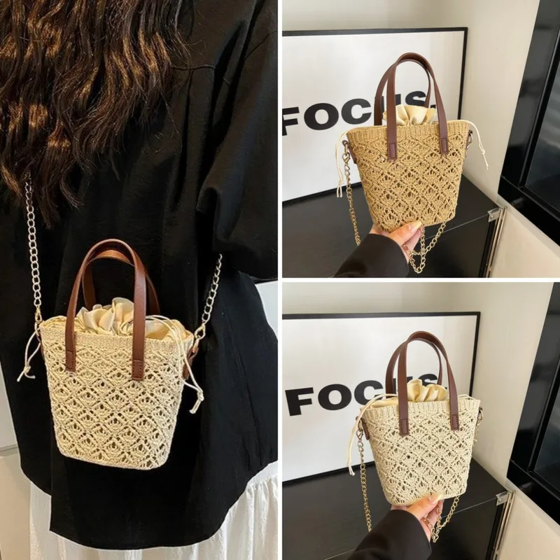 Women's Pu Leather Fabric Geometric Vacation Weave Bucket String Bucket Bag