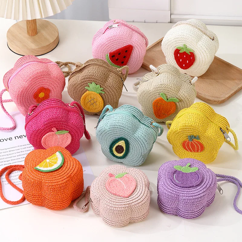Kid'S Straw Color Block Fruit Vacation Beach Weave Flower Zipper Straw Bag