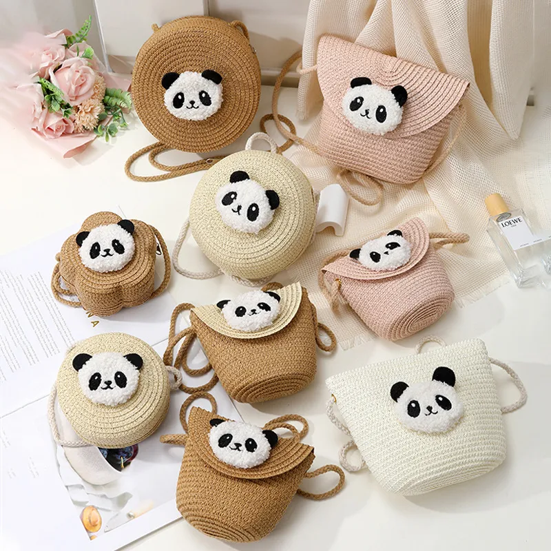 Women's Straw Panda Vacation Round Bucket Zipper Straw Bag