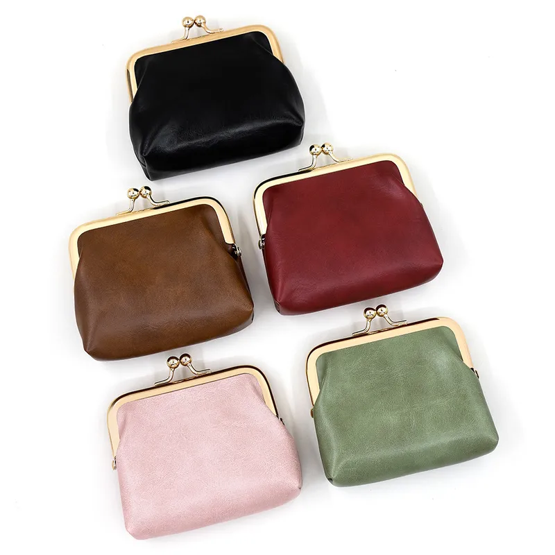 Vintage Oil Skin Light Gold Clip Edge Candy Color Mini Hand Coin Bag Large Capacity Iron Clip Coin Purse Red Bag