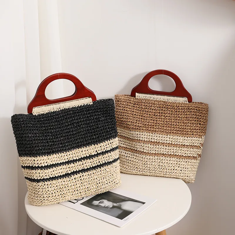 Women's Straw Color Block Stripe Vacation Weave Square Zipper Straw Bag