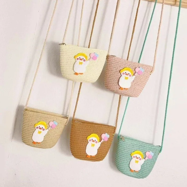 Kid'S Straw Animal Cartoon Cute Vacation Square Zipper Shoulder Bag