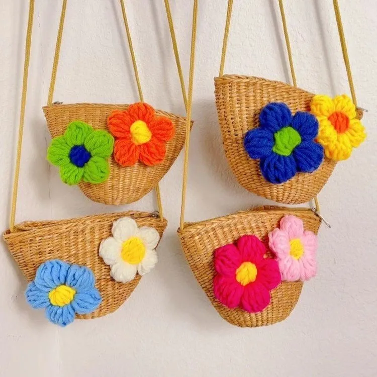 Kid'S Straw Color Block Flower Cute Bucket Zipper Shoulder Bag
