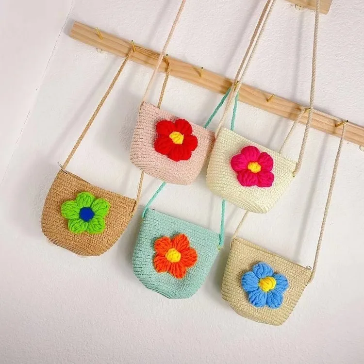 Kid'S Straw Flower Cute Vacation Square Zipper Shoulder Bag