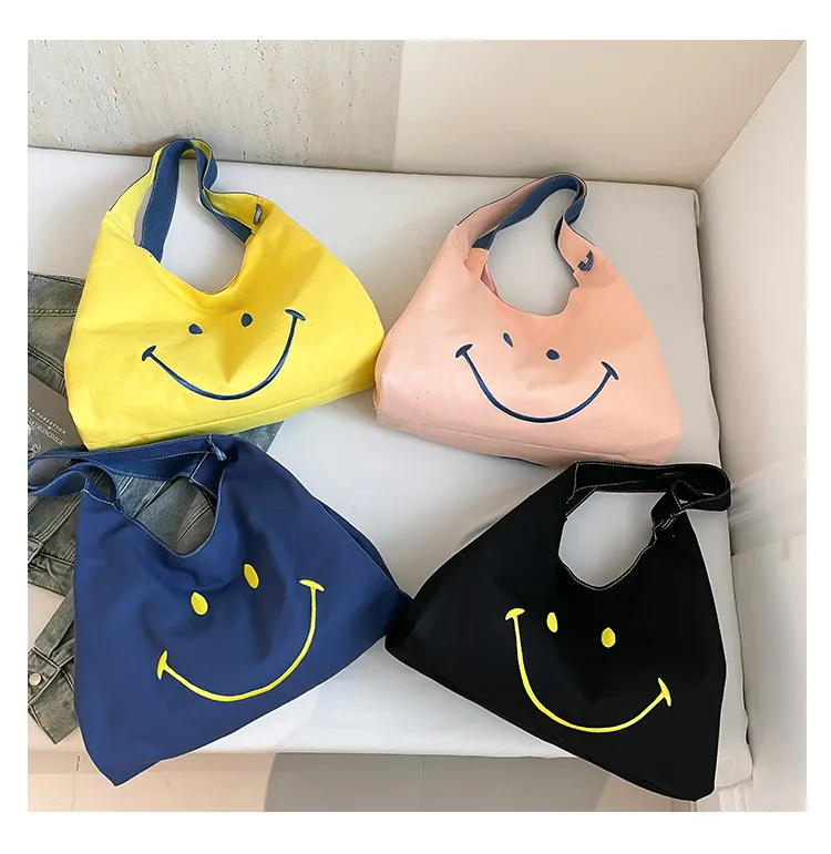 Women's Cloth Smiley Face Cute Embroidery Shopping Bag Type Magnetic Buckle Shoulder Bag Tote Bag