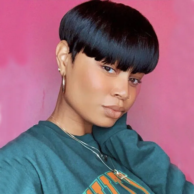 Women's Simple Style Casual Masquerade Carnival Real Hair Homogeneous And Oblique Short Straight Hair Wigs