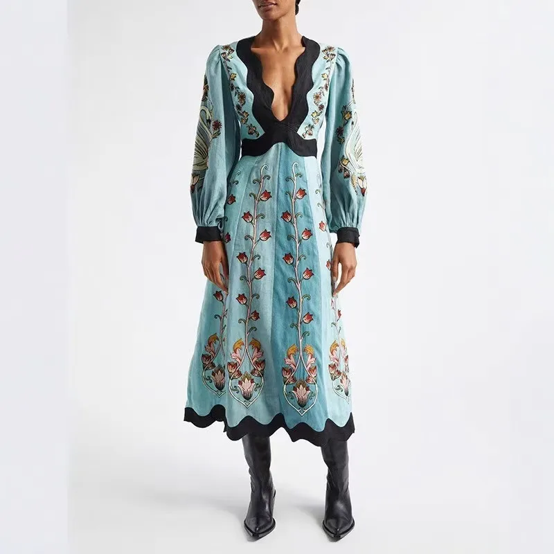 Women's Adults Patchwork Skirt Vintage Style Ethnic Style V Neck Basic Model Hollow Backless, Printing Long Sleeve Printing Maxi Long Dress Weekend Banquet Festival
