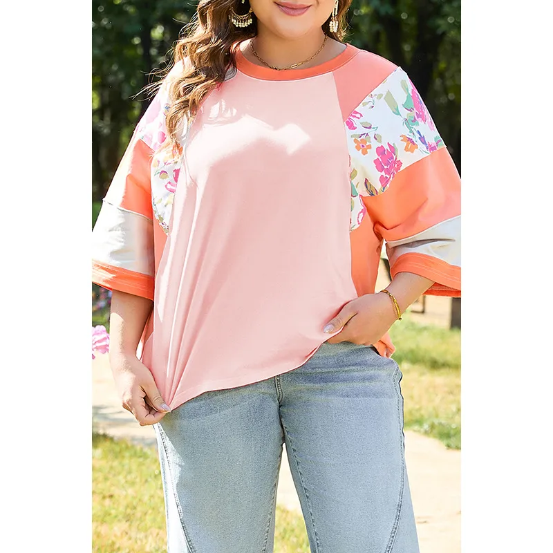 T-shirt 3/4 Length Sleeve Plus Size Tops Casual New And New Leisure Simple Style Color Block Flower
