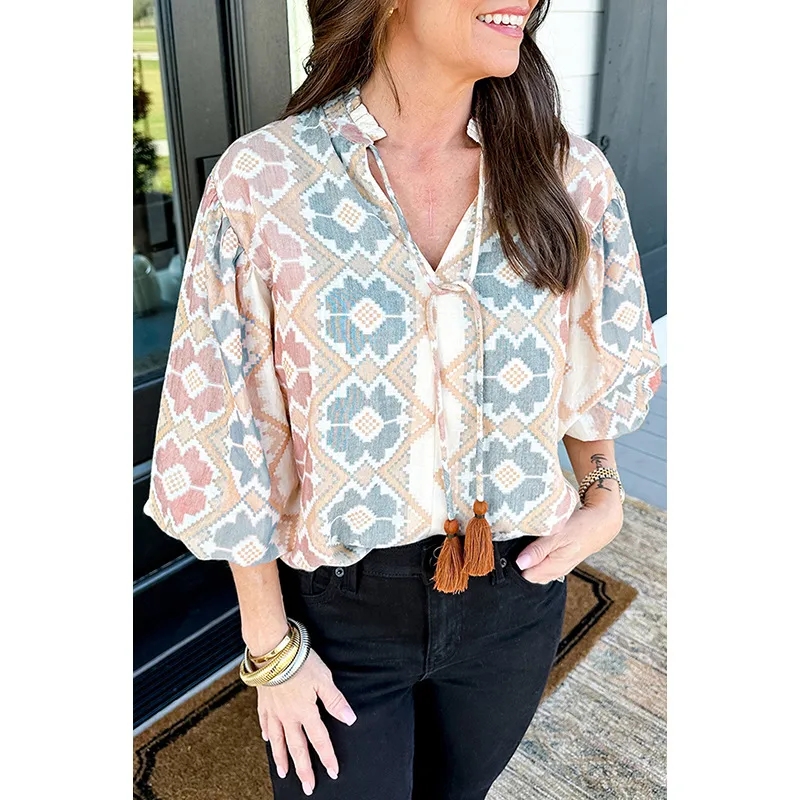 Women's T-shirt 3/4 Length Sleeve T-Shirts Elegant Vintage Style Geometric