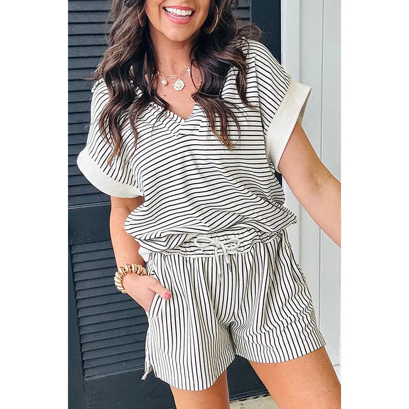 Casual Street Women's Simple Style Classic Style Stripe Polyester Viscose Fiber Shorts Co-ord Set Shorts Sets