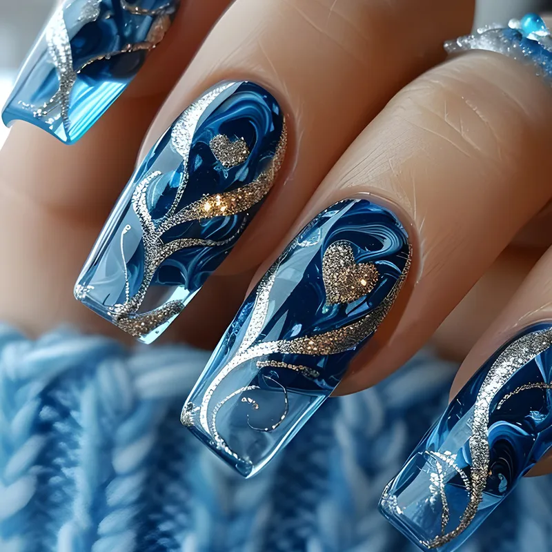Hot Girl Glitter Love Nail Sticker Gold Grain Water Pipe Nail Nail Patch Finished Product  Hot Selling 24 Pieces Wear Nail