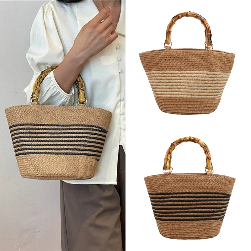 Women's Straw Color Block Stripe Vacation Square Zipper Straw Bag