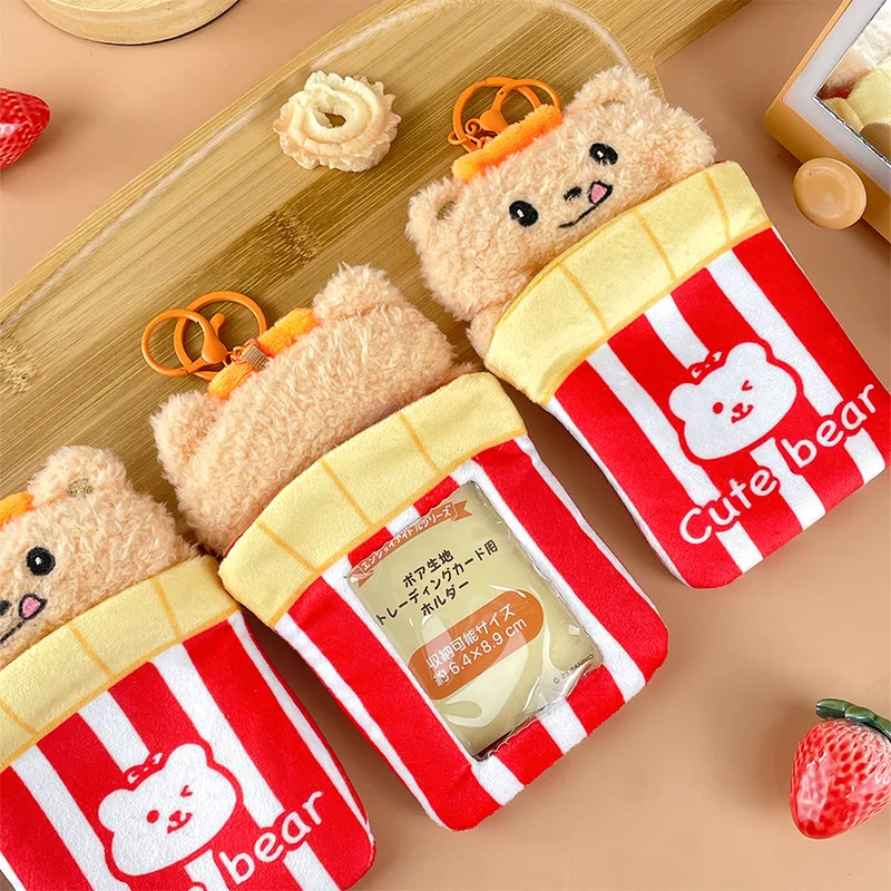 French Fries Bear Plush Transparent Card Holder Card Bag Id Cosmetics Bag School Event Prizes Idol Display Pendant