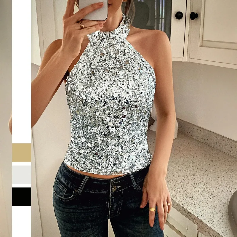 Women's Vest Tank Tops Sequins Casual Sexy Solid Color
