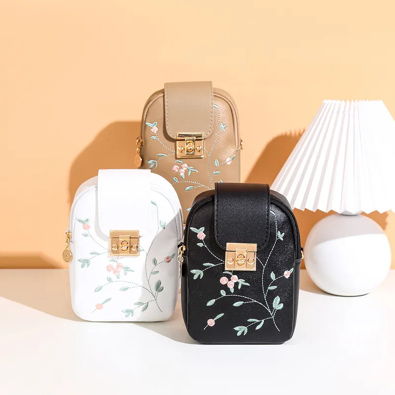 Women's Bag  Trendy Fashion Casual All-match Embroidered Lock Buckle Zipper Shoulder Vertical Mobile Phone Bag Crossbody Bag