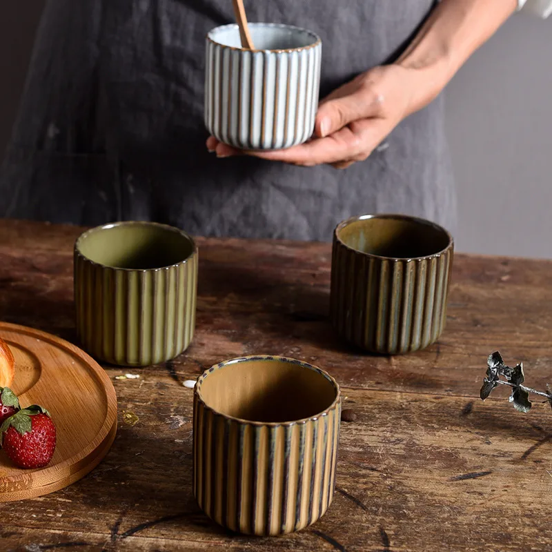 Creative Retro New Style Ceramic Tea Cup Wine Cup Kiln Change Clay Striped Tea Cup Hotel Household Water Cup With Logo