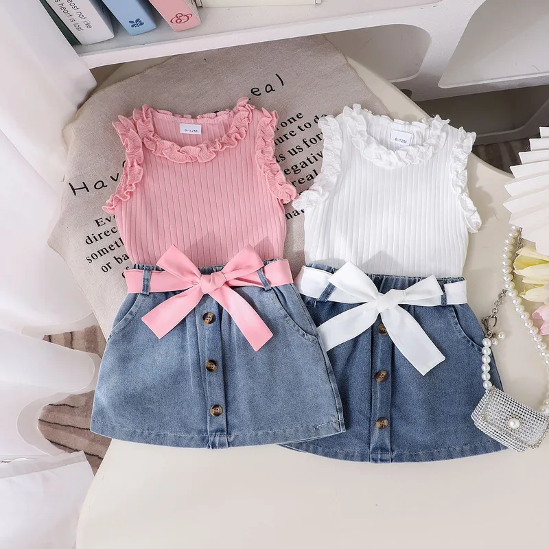 Foreign Trade  Europe And The United States Summer Multi-color Girls Suit Small And Medium-sized Children's Sleeveless Crew Neck Vest Denim Shorts New Products