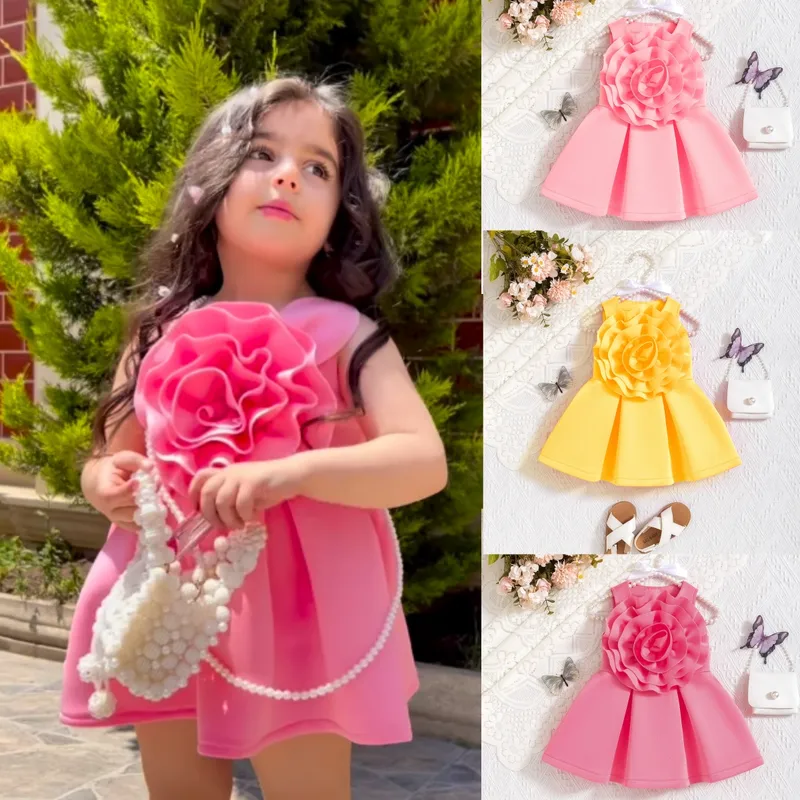 Hot Selling Children's Clothing  Girls Summer Sleeveless Oversized Flower Ruffled Dress Princess Dress Children's Suit