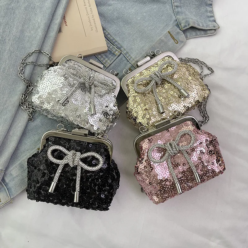 Fashion Sequins Girl Shoulder Bag Cute Bow Clip Mini Baby Messenger Bag New Chain Children's Bag