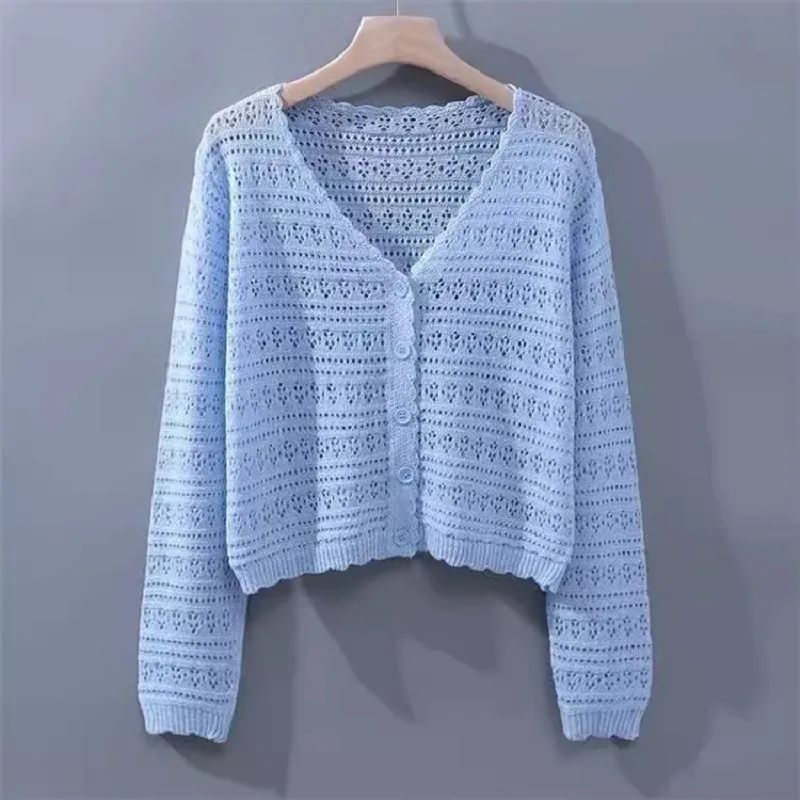 Women's Summer Hollow-out Air-conditioning Shirt Fresh Candy Color V-neck Knitted Cardigan Lightweight Breathable Long-sleeved Sunscreen Shirt