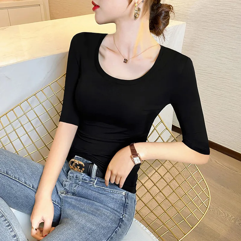 Large Crewneck Mid-Sleeve T-Shirt Women's Slim-Fit Tight Low-Neck Base Shirt Modal T-Shirt Black Half-Sleeve Dance