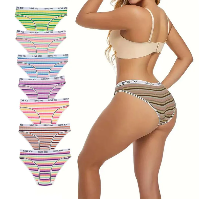 Cotton Threaded Women's Underwear Color Letter Briefs Low Waist Breathable Double Layer Striped Underwear For Girls And Students