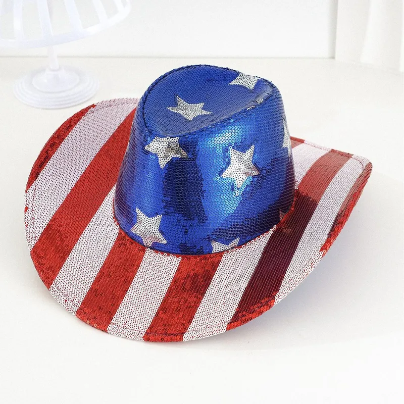 Red And White Sequins Striped Beads Five-pointed Star Cowboy Hat Independence Day National Day Denim Flag