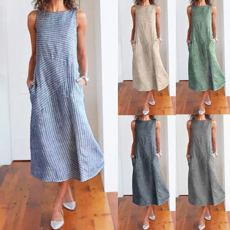 Foreign Trade Wish Striped Round Neck Sleeveless Large Size Slim-fit Dress