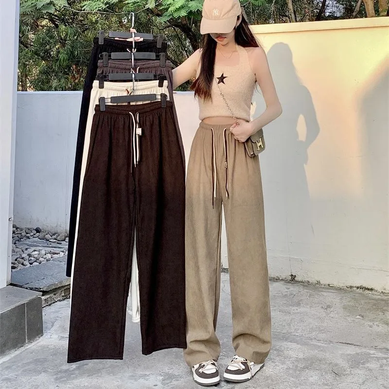 New Girls Casual Pants Corduroy Double Drawstring Smiley Wide Leg Pants Explosive Women's Straight Loose High Waist Pants
