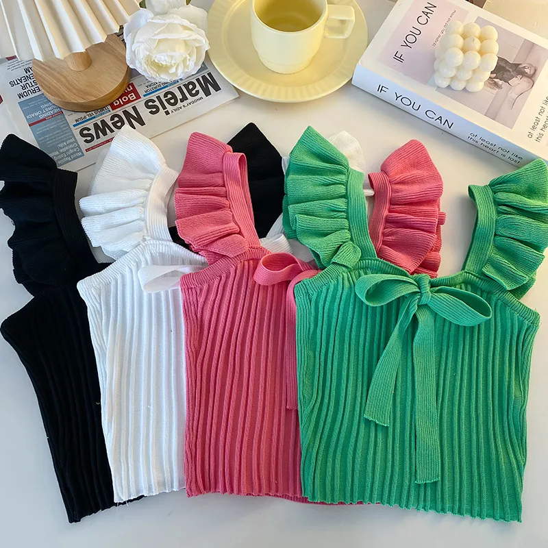 Southeast Asia Knitted Camisole Women's Summer Ear Sleeveless Candy Outer Bow Short Top