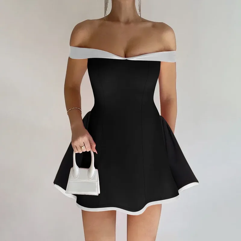 Wholesale  Women's Clothing  Spring New Contrast Color Design Sexy Tube Bra Slim Flounced Dress