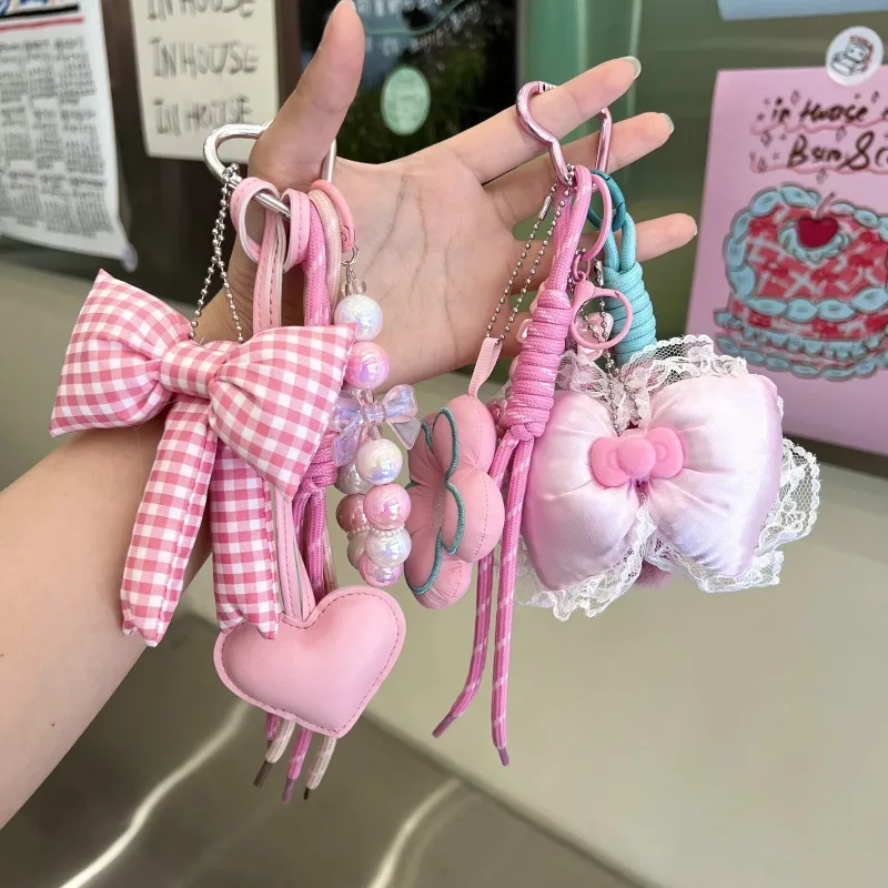 Creative DIY Pink Fabric Bow Miu Keychain Cute Exquisite School Bag Small Pendant Mobile Phone Pendant