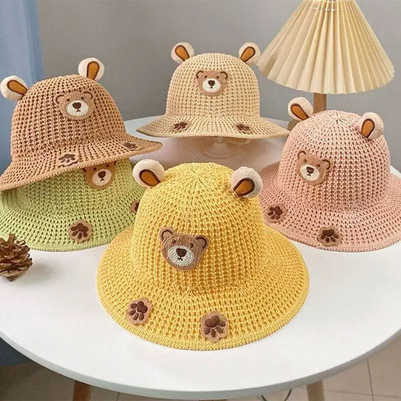 Children's Sunshade Hat Summer Thin Boys And Girls Cartoon Bear Sunscreen Straw Hat Baby Travel Breathable Sun Hat