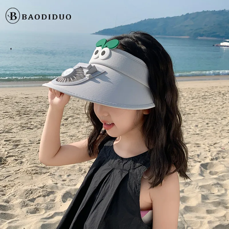 Small Fan Children's Cartoon Empty Top Hat Summer Sunscreen Sunshade Travel Face-covering Breathable Cool Animal Sun Hat