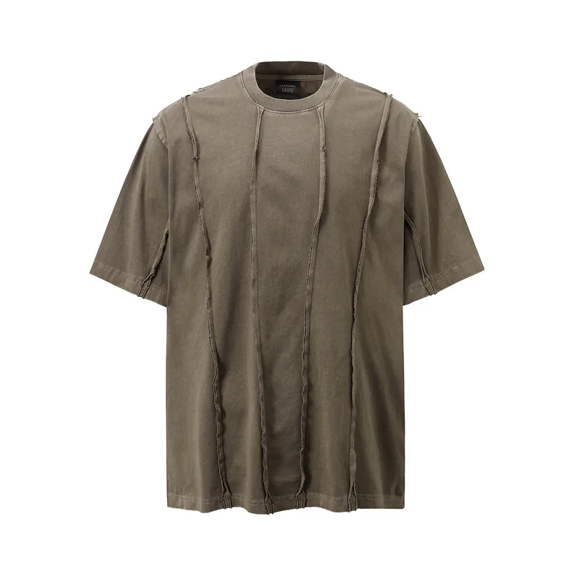 Jiayiku Men's  New High Street American Retro Fashion Brand Heavy Washed Raw Edge Patchwork Short-sleeved T-shirt For Men