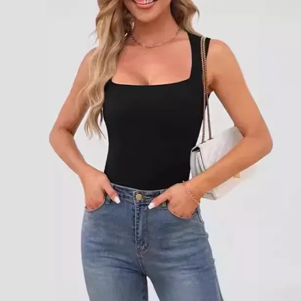 Hot Girls Wear Camisole Women's Summer Sleeveless Off-shoulder Square Collar Threaded Shoulder Strap Top Women's Clothing