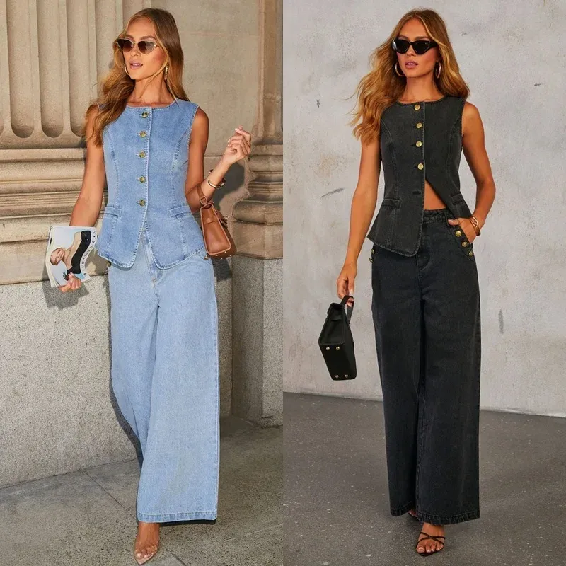 Fashion Temperament New Button Sleeveless Vest Wide-leg Jeans Denim Suit  In Stock